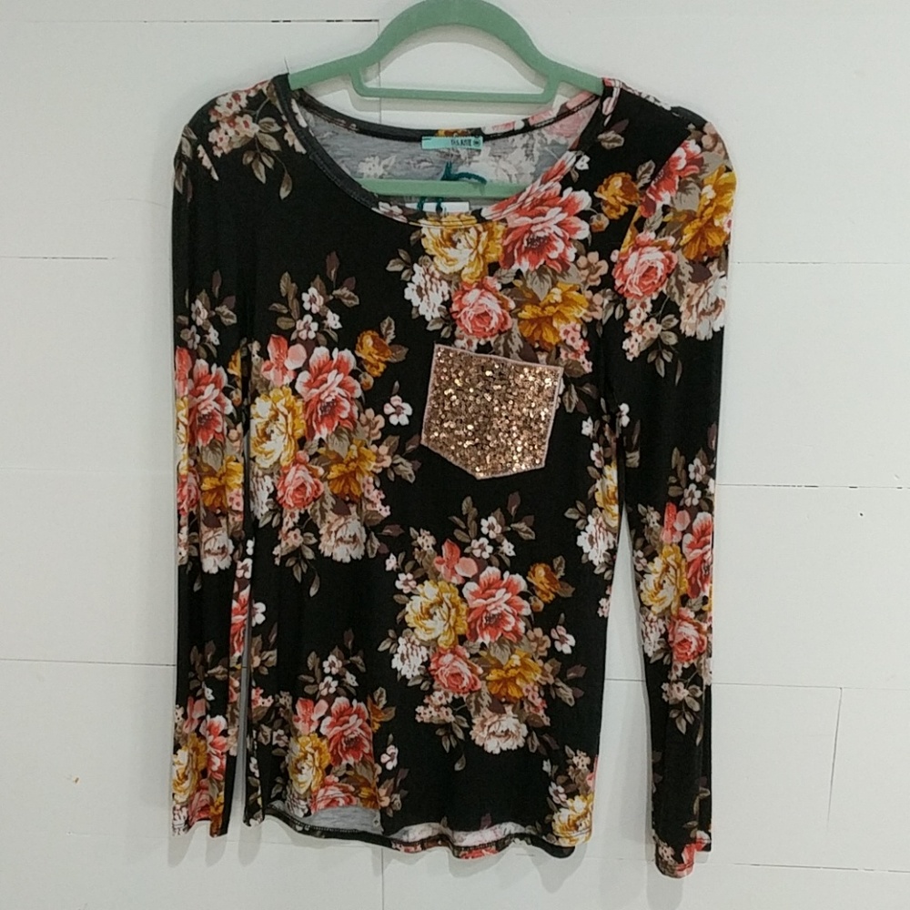 Floral Sequin Pocket Long Sleeve